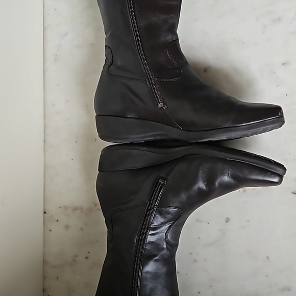 MEPHISTO: chocolate brown leather square toe buckle knee boots - Picture 4 of 7